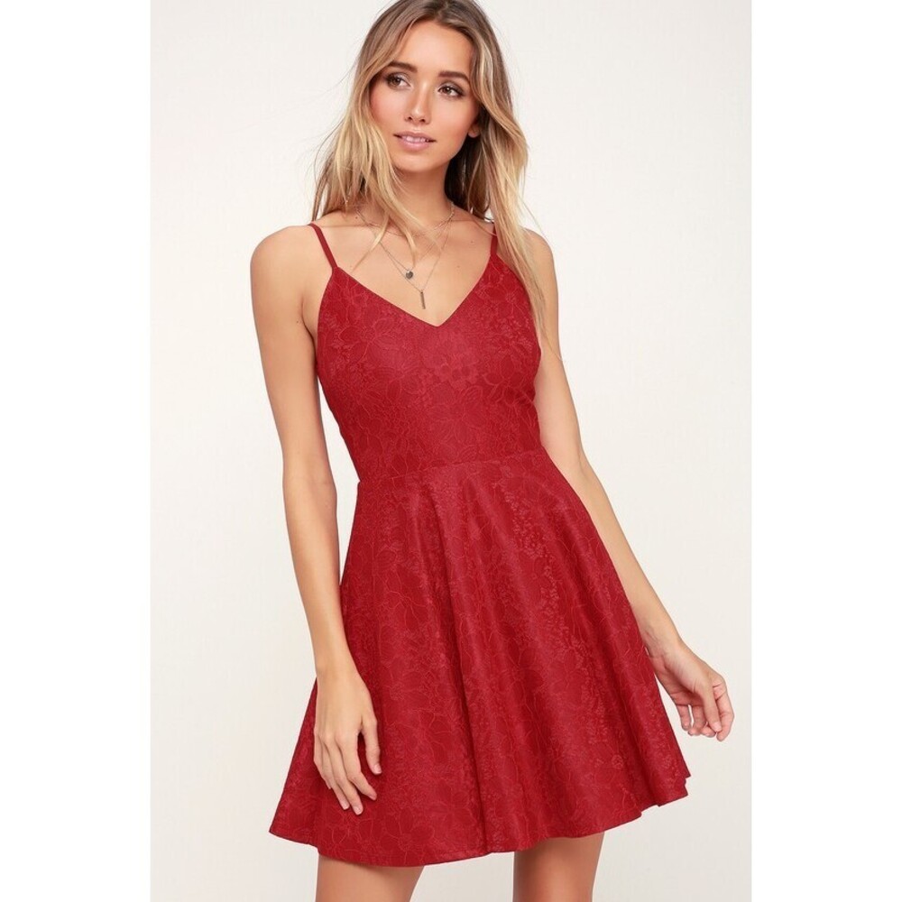 Lulus Way With Words Berry Red Lace Skater Dress - Size XS